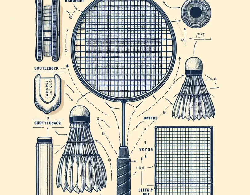 A Diagram Of A Badminton Racket, Shuttlecock, Net, And Court, Showing The Names And Measurements Of Each Part