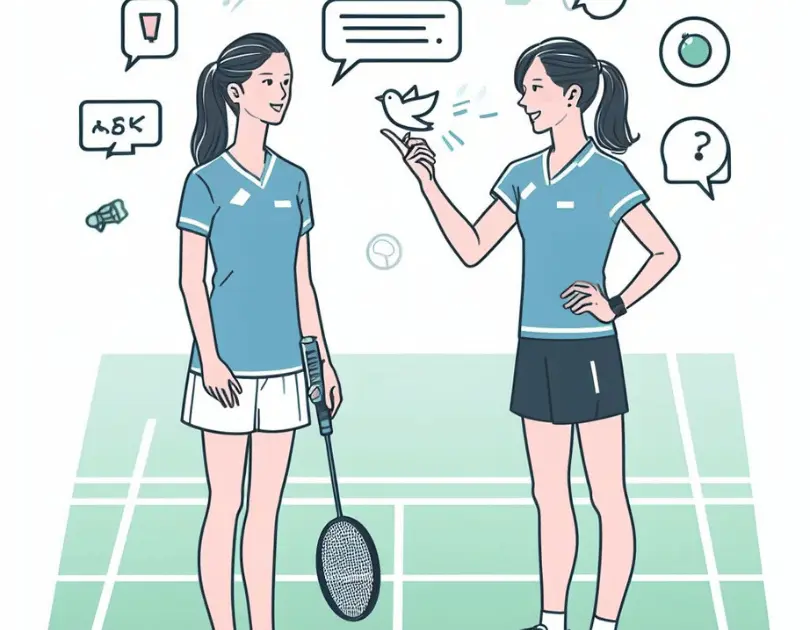 A Cartoon Of A Badminton Coach And A Badminton Player On A Court, With Speech Bubbles And Icons Showing The Coach’s Feedback And Advice To The Player, Such As Praise, Criticism, Tips, And Suggestions